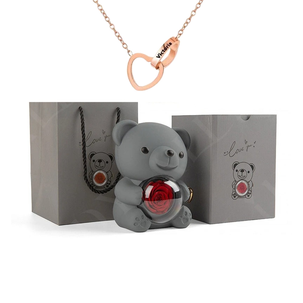 Colar Dueto de Amor + Urso com Rosa Eternizada