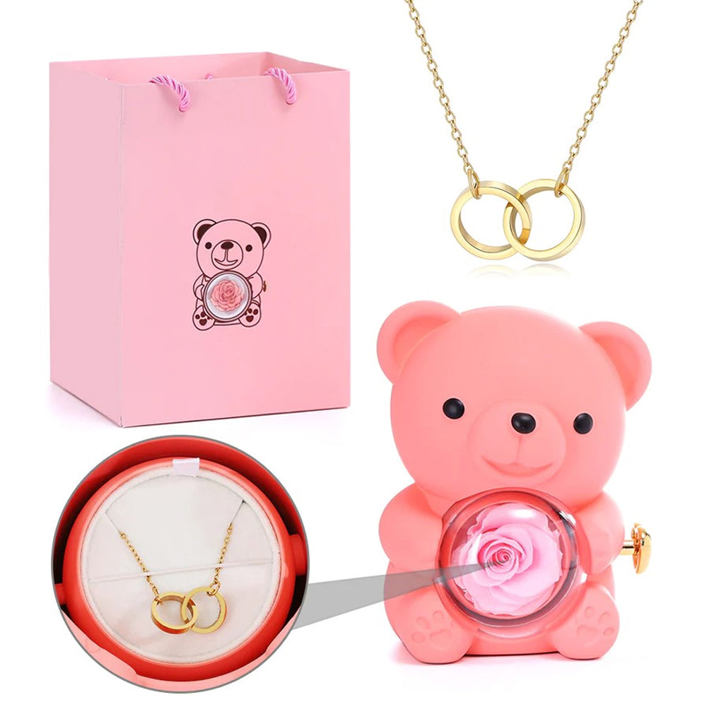Colar Dueto de Amor + Urso com Rosa Eternizada