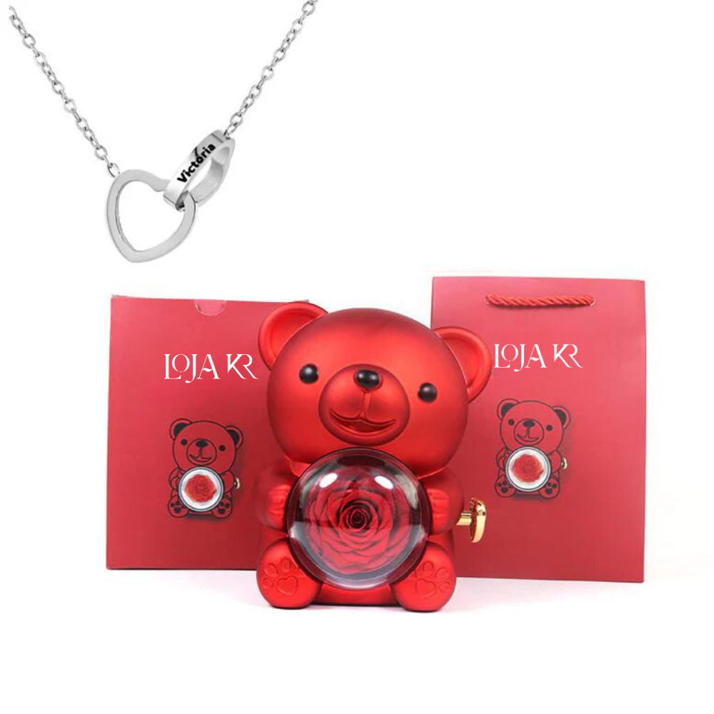 Colar Dueto de Amor + Urso com Rosa Eternizada