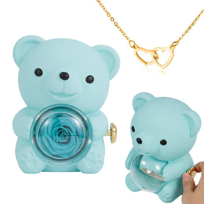 Colar Dueto de Amor + Urso com Rosa Eternizada