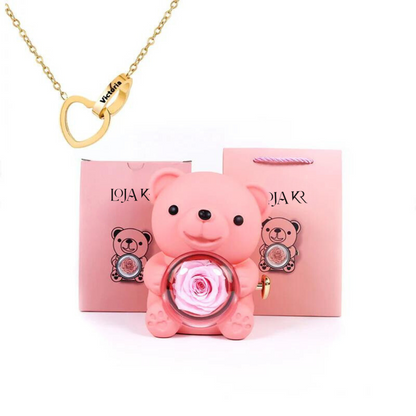 Colar Dueto de Amor + Urso com Rosa Eternizada