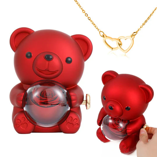 Colar Dueto de Amor + Urso com Rosa Eternizada