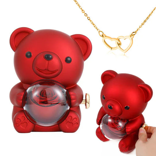 Colar Dueto de Amor + Urso com Rosa Eternizada