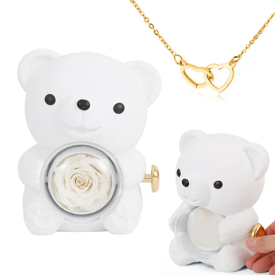 Colar Dueto de Amor + Urso com Rosa Eternizada