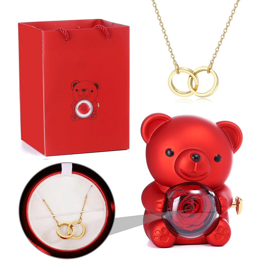 Colar Dueto de Amor + Urso com Rosa Eternizada