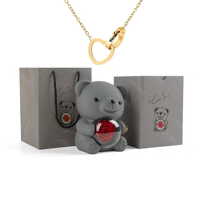 Colar Dueto de Amor + Urso com Rosa Eternizada
