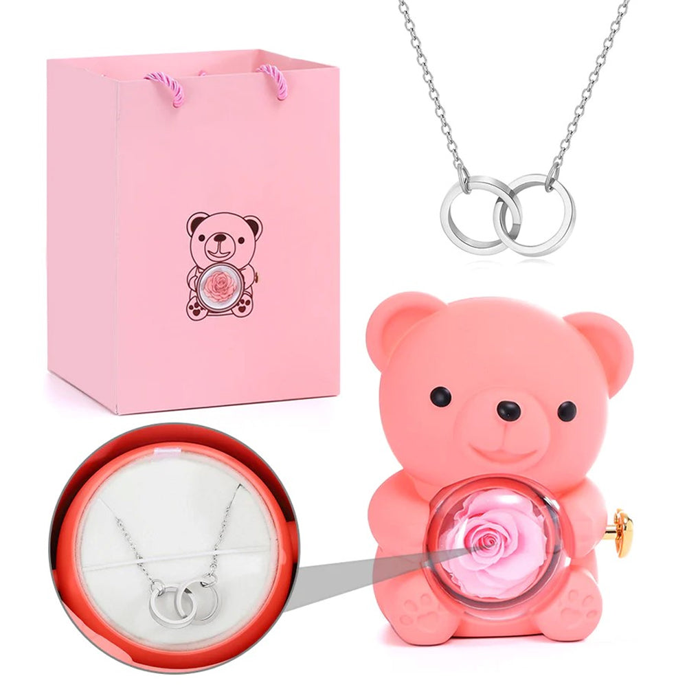 Colar Dueto de Amor + Urso com Rosa Eternizada