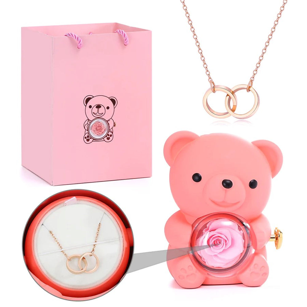 Colar Dueto de Amor + Urso com Rosa Eternizada
