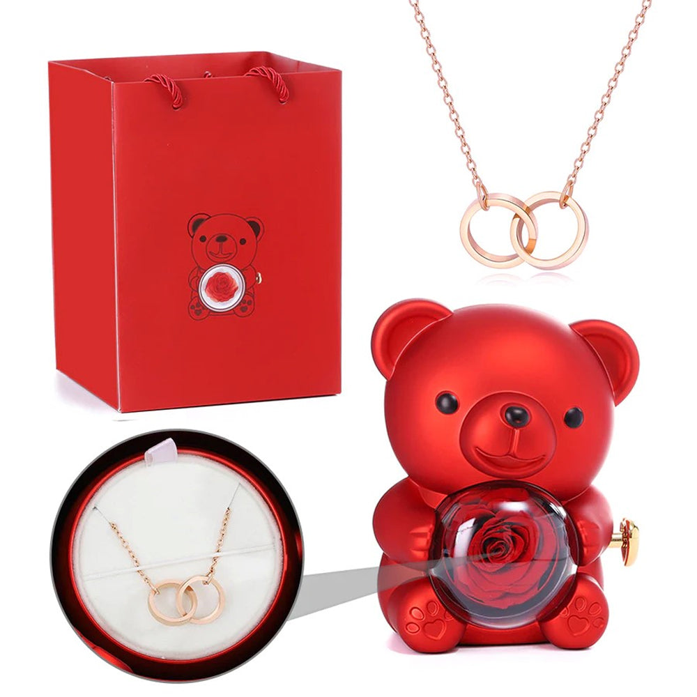 Colar Dueto de Amor + Urso com Rosa Eternizada