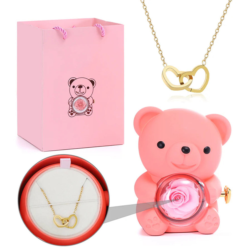 Colar Dueto de Amor + Urso com Rosa Eternizada