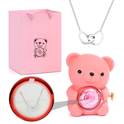 Colar Dueto de Amor + Urso com Rosa Eternizada