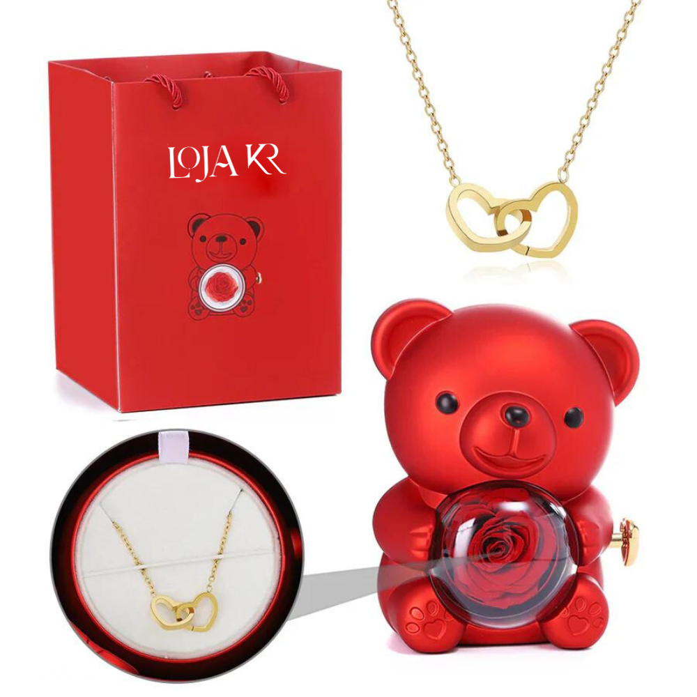 Colar Dueto de Amor + Urso com Rosa Eternizada
