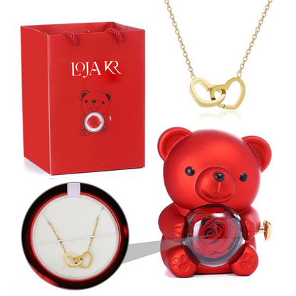 Colar Dueto de Amor + Urso com Rosa Eternizada