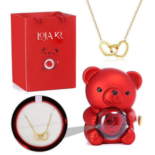 Colar Dueto de Amor + Urso com Rosa Eternizada