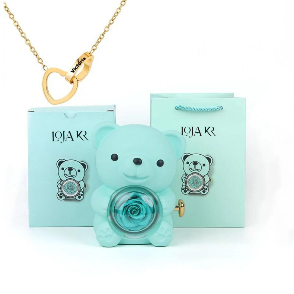 Colar Dueto de Amor + Urso com Rosa Eternizada