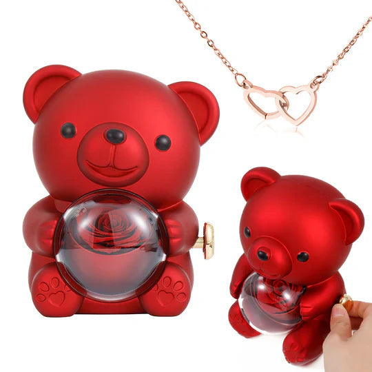 Colar Dueto de Amor + Urso com Rosa Eternizada