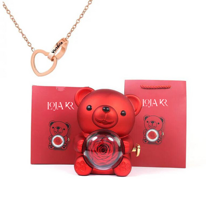 Colar Dueto de Amor + Urso com Rosa Eternizada
