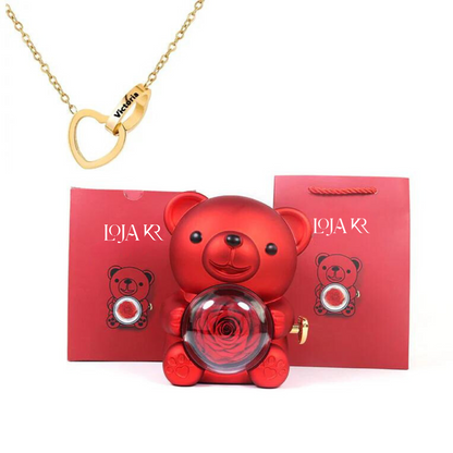 Colar Dueto de Amor + Urso com Rosa Eternizada