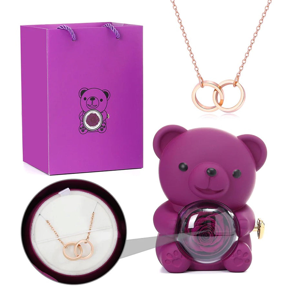 Colar Dueto de Amor + Urso com Rosa Eternizada